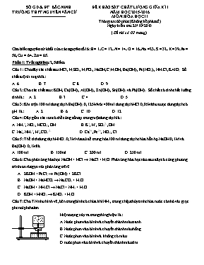 Đề khảo sát chất lượng giữa kì I năm học 2015 -2016 môn Hóa học 11